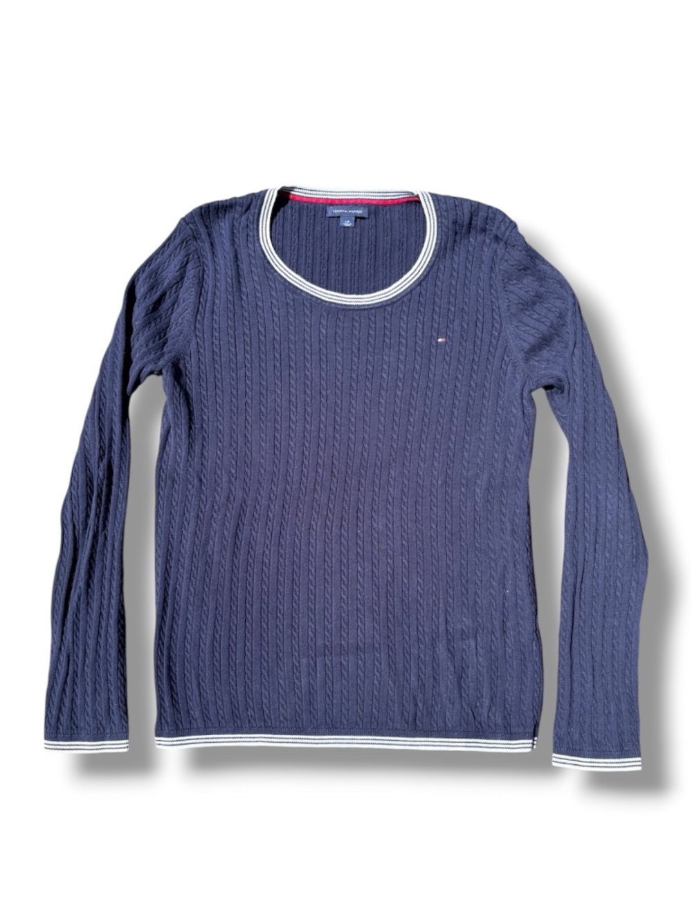 Tommy Hilfiger Cable Knit Sweater – Navy w/ Striped Crew Neck (Women’s L)